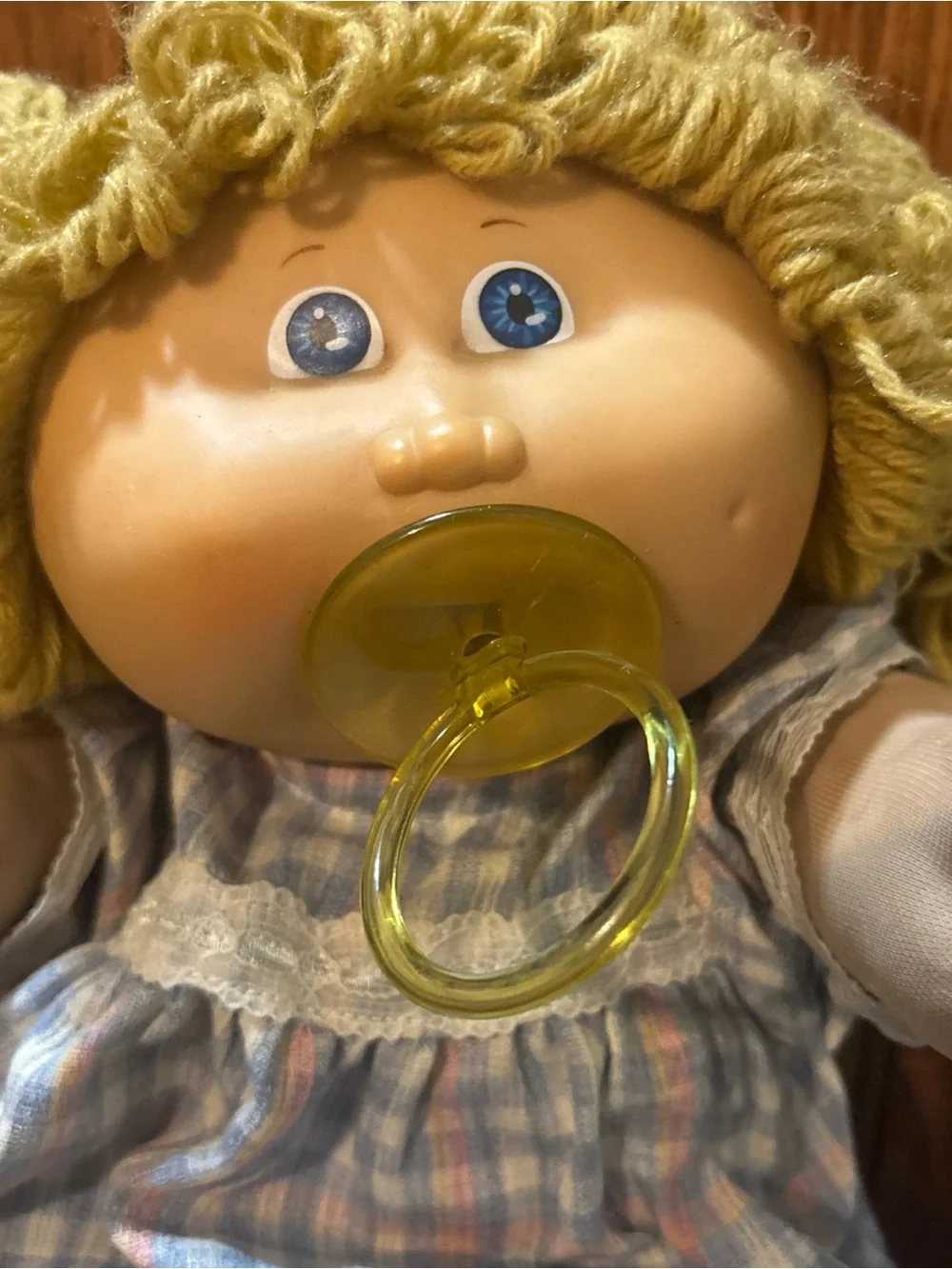 Vintage 1983 Cabbage Patch Doll w Pacifier Blonde/Blue Eyes Plaid Dress
